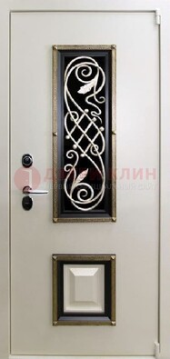 Белая стальная дверь с ковкой со стеклопакетом и МДФ ДК-30 в Чехове