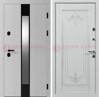 Белая металлическая дверь МДФ с зеркальной вставкой ДМ-324 в Чехове