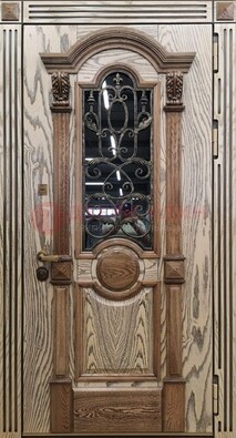 Железная дверь с массивом дуба со стеклом и ковкой ДМД-47 в Чехове