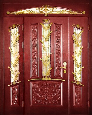 Бордовая железная парадная дверь со стеклом и ковкой ДПР-75 в Вологде