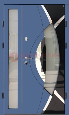 Синяя металлическая дверь со стеклом и узором ДС-13 в Чехове