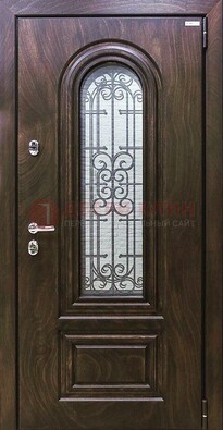 Темная филенчатая железная дверь со стеклом и ковкой ДСК-102 в Тольятти