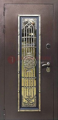 Железная дверь цвета медный антик со стеклом и ковкой ДСК-105 в Йошкар-Оле
