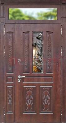 Коричневая железная дверь со стеклом и ковкой на улицу ДСК-127 в Чехове