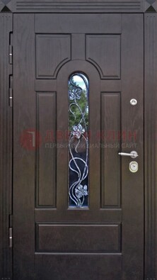 Металлическая дверь со стеклом и ковкой в цвете венге ДСК-142 в Чехове