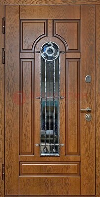 Коричневая стальная дверь со стеклом и ковкой для кирпичного дома ДСК-146 в Одинцово