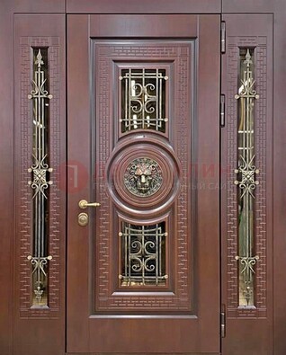 Коричневая стальная дверь со стеклом и ковкой ДСК-147 с фрамугами в Чехове