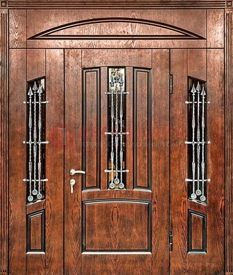 Стальная дверь со стеклом и ковкой с фрамугами ДСК-149 коричневая в Чехове