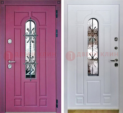 Розовая металлическая дверь со стеклом и ковкой ДСК-151 в Чехове