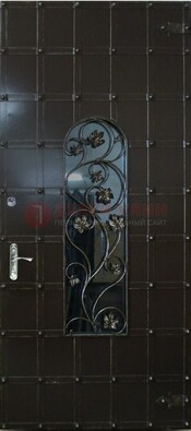 Высокая железная дверь со стеклом и ковкой ДСК-15 в Зеленограде
