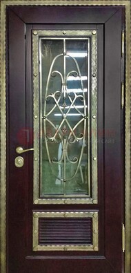 Темная уличная дверь порошок со стеклом и ковкой ДСК-167 в Электростали