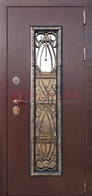 Коричневая стальная дверь порошок со стеклом и ковкой для дома ДСК-169 в Воскресенске