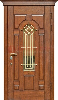 Коричневая железная дверь винорит со стеклом и ковкой ДСК-189 в Бронницах