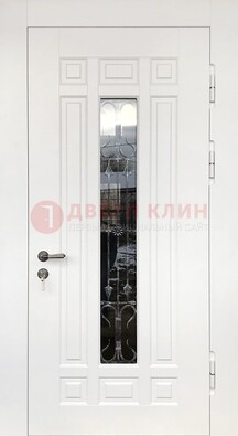 Белая стальная дверь винорит со стеклом и ковкой ДСК-191 в Чехове