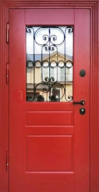 Красная железная дверь Винорит со стеклом и ковкой ДСК-205 в Чехове