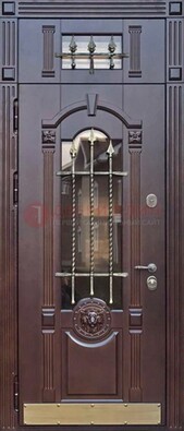 Металлическая дверь массив со стеклом и ковкой с фрамугой ДСК-249 в Чехове