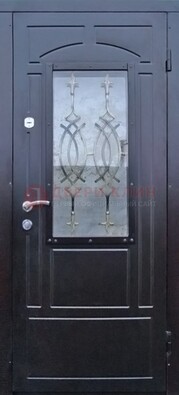 Черная уличная дверь Винорит со стеклом и ковкой ДСК-259 в Чехове