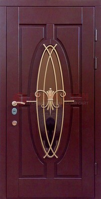 Бордовая стальная дверь Винорит со стеклом и ковкой ДСК-263 в Чехове