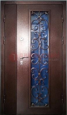 Двойная металлическая дверь со стеклом и ковкой ДСК-4 Кириши