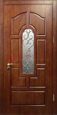 Коричневая входная дверь со стеклом и золотистой ковкой ДСК-83 Кириши