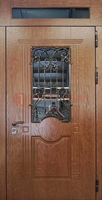 Металлическая входная дверь со стеклом и ковкой для дома ДСК-96 в Чехове