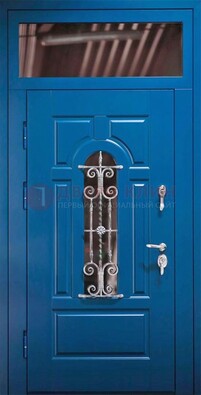 Синяя железная филенчатая дверь со стеклом и ковкой ДСК-97 в Чехове