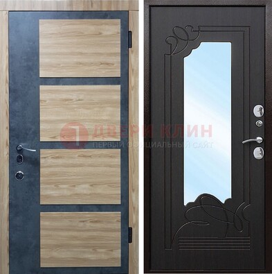 Металлическая дверь Темный орех c фрезерованной МДФ с зеркалом ДЗ-103 в Чехове