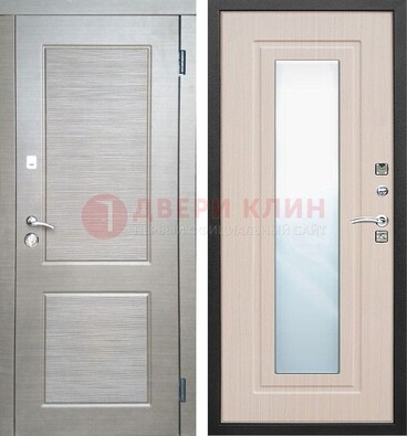 Металлическая филенчатая дверь Темный орех c МДФ Белый дуб с зеркалом ДЗ-104 в Чехове