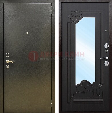 Железная темная дверь c порошковым напылением и МДФ с узором и зеркалом ДЗ-111 в Чехове