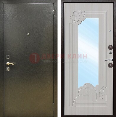 Входная темно-серая дверь c порошковым покрытием и МДФ с резьбой и зеркалом ДЗ-113 в Чехове