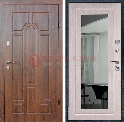 Входная коричневая дверь с МДФ Белый дуб и зеркалом ДЗ-126 в Волгограде