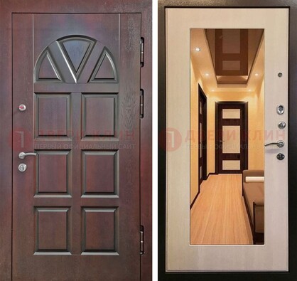 Темная железная дверь с МДФ и зеркалом в квартиру ДЗ-135 в Чехове
