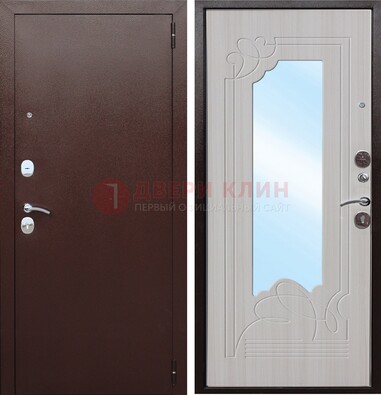 Коричневая металлическая дверь с зеркалом МДФ внутри ДЗ-33 в Чехове