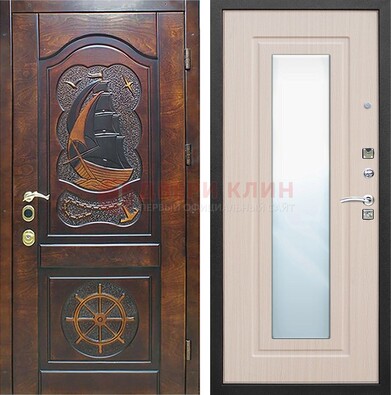 Темная уличная дверь с резьбой и зеркалом внутри ДЗ-49 в Чехове