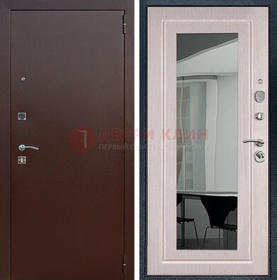 Входная дверь с порошковым напылением Медный антик/Белый дуб с зеркалом ДЗ-63 в Костроме