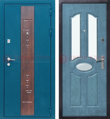 Голубая металлическая дверь МДФ с тремя зеркальными вставками ДЗ-78 в Чехове