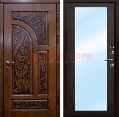 Коричневая входная дверь c узором и виноритом МДФ с зеркалом ДЗ-98 в Чехове