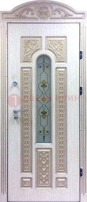 Белая железная дверь с МДФ и витражом ВЖ-26 в Чехове