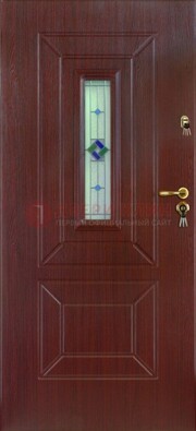 Бордовая железная дверь с витражом и отделкой массив ВЖ-3 В Ижевске