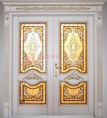 Элитная металлическая дверь с витражом и отделкой массив ВЖ-4 в Ростове-На-Дону