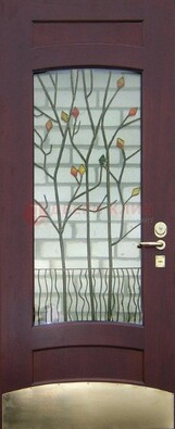 Бордовая стальная дверь с витражом и декоративным элементом ВЖ-3 в Саранске